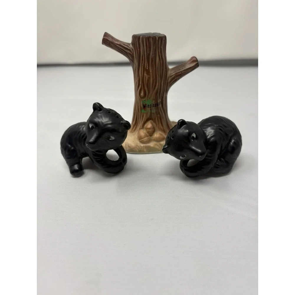 Vintage Japan Ceramic Black White Bear Cubs Hanging Tree Salt Pepper Shakers MCM
